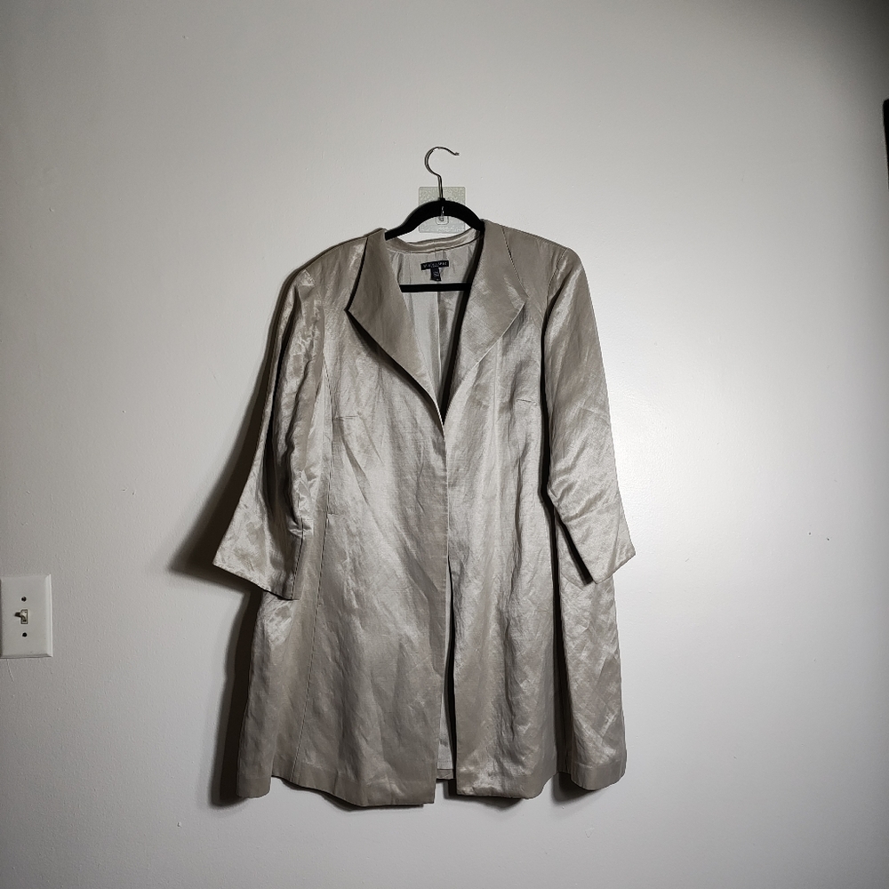 Eileen Fisher Long Open Front Blazer Organic Linen Silk Blend  2X Natural